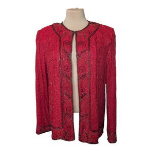 JMD New York Beaded Evening Jacket Red Black Open Front Top Size Large Vintage